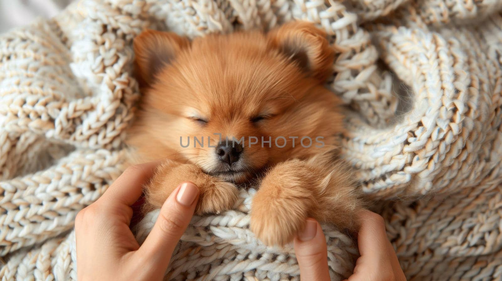 A small dog is wrapped in a blanket and being held by two hands