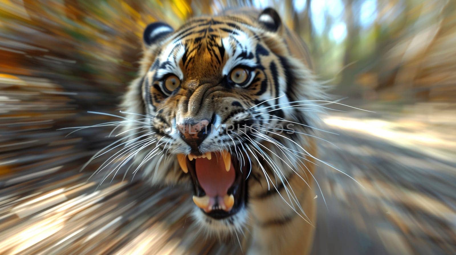 A tiger is roaring and his mouth looks like it's open, AI by starush