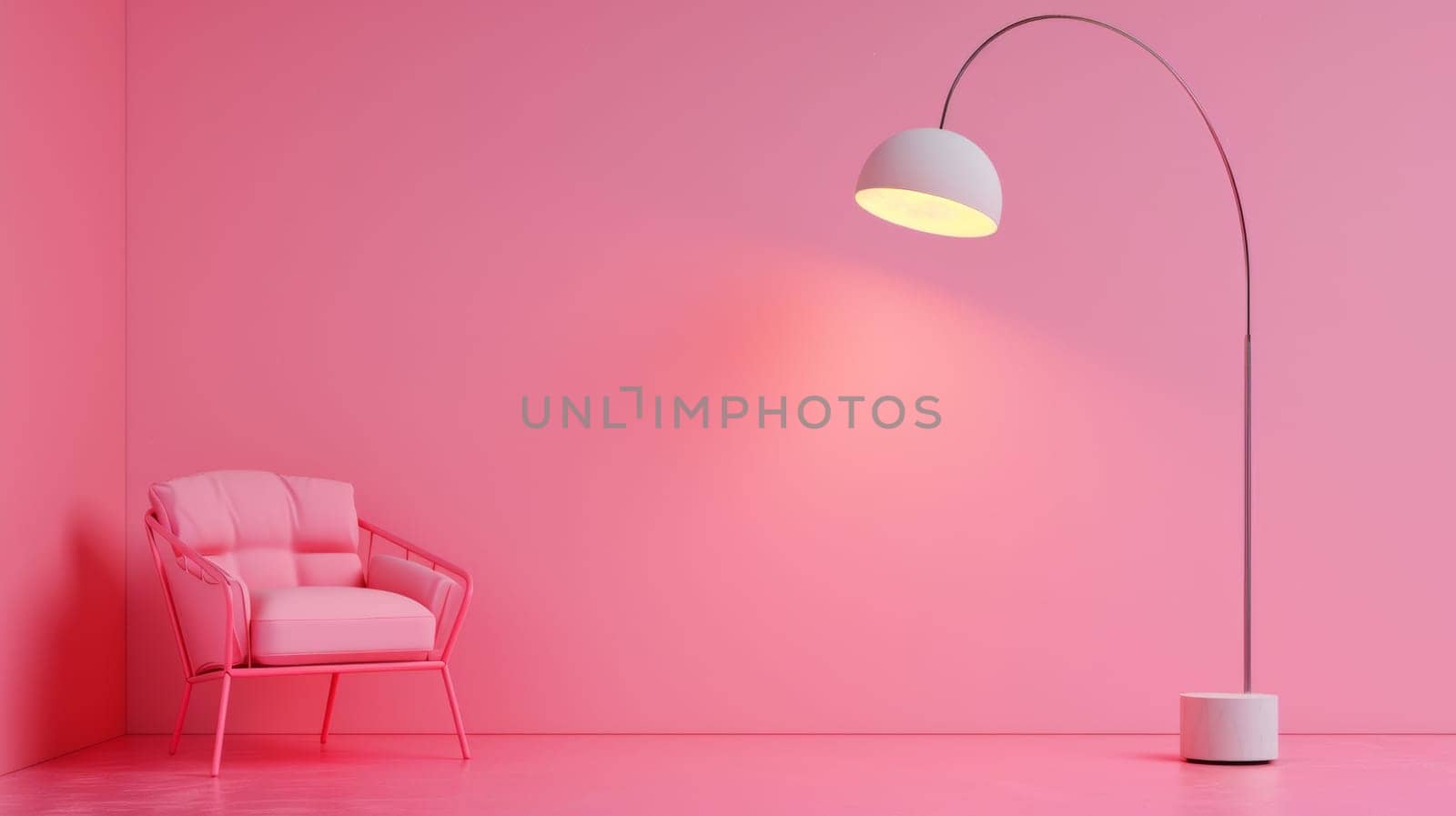 A pink room with a lamp and chair in front of it
