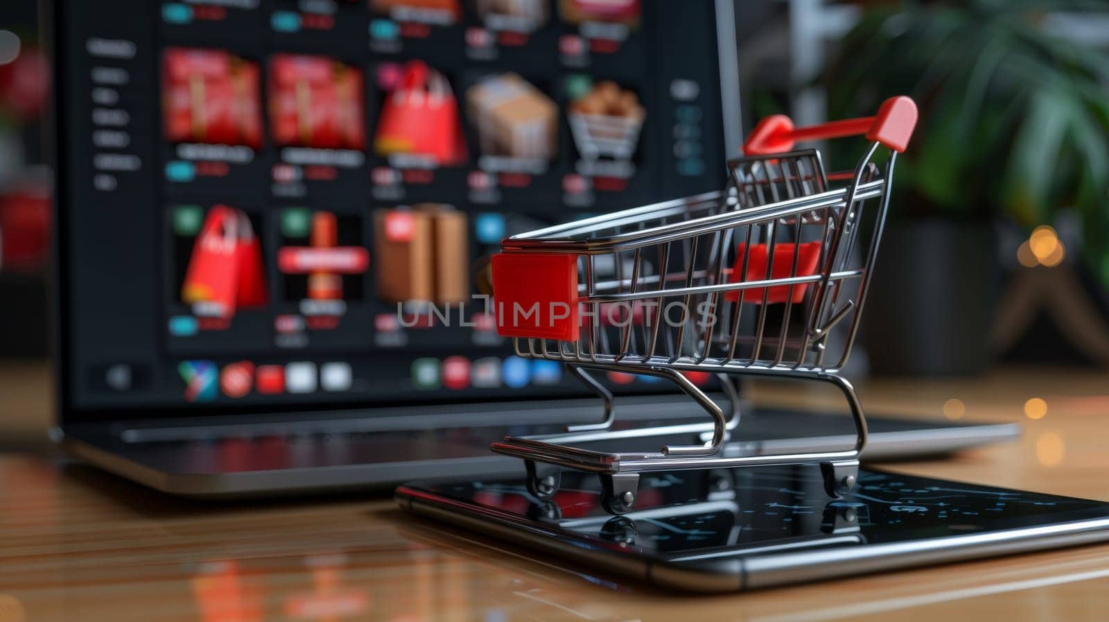 A small shopping cart sitting on top of a cell phone