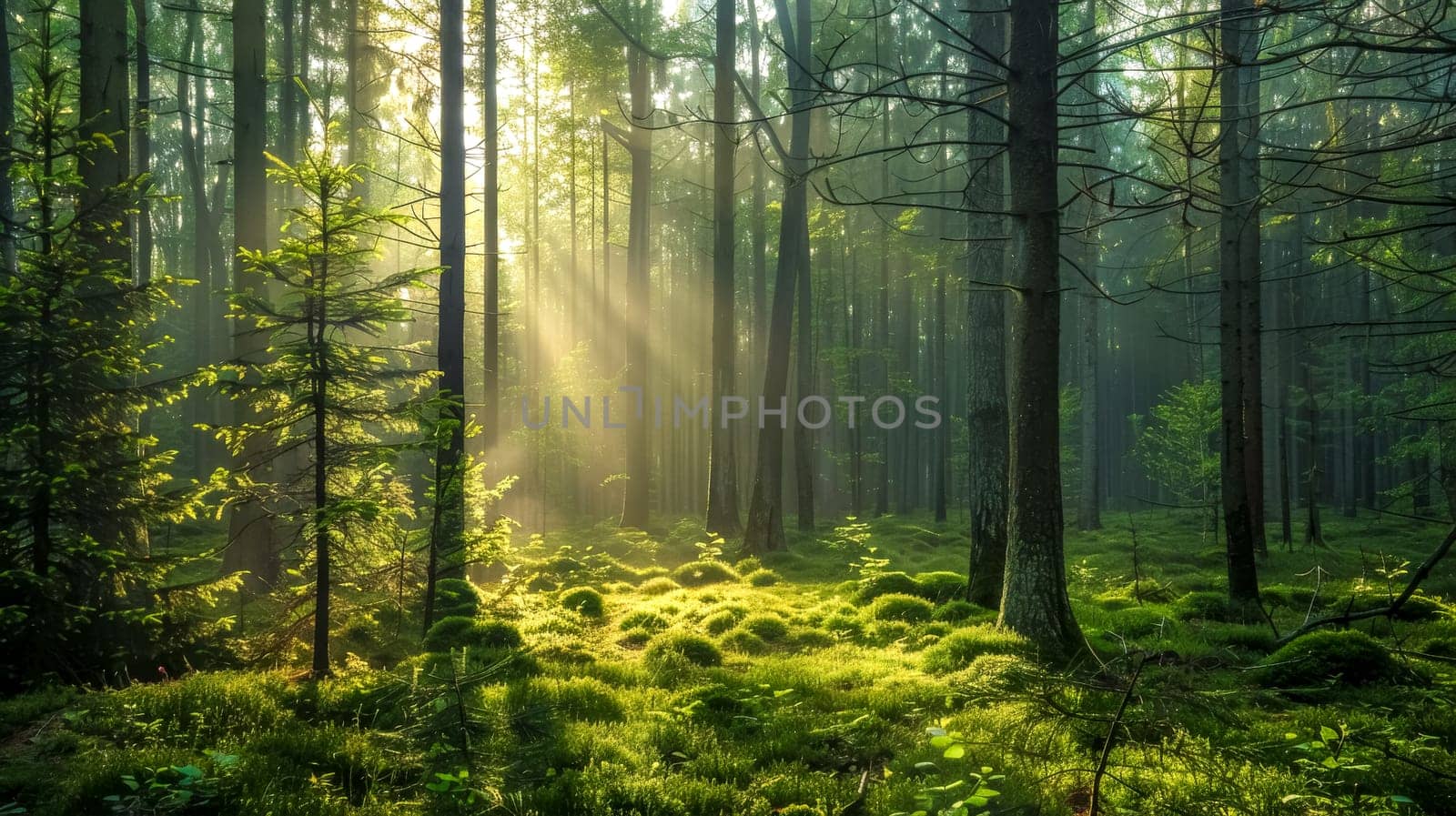 Magical sunbeams filtering through a misty green forest