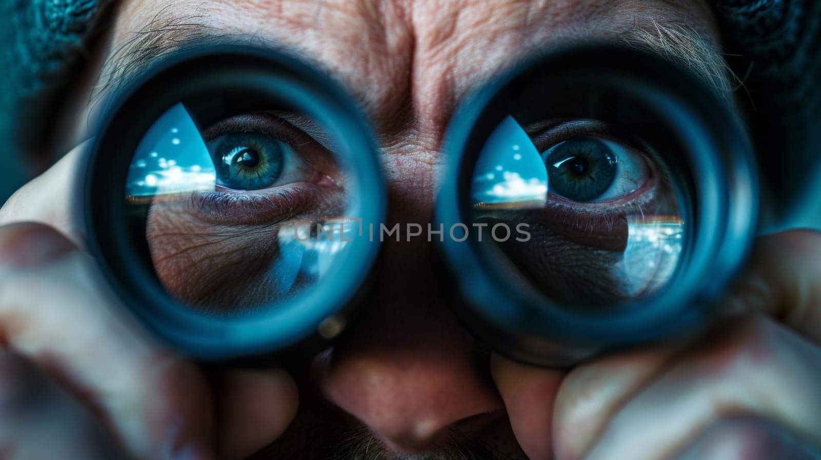 A man looking through binoculars at a distant landscape