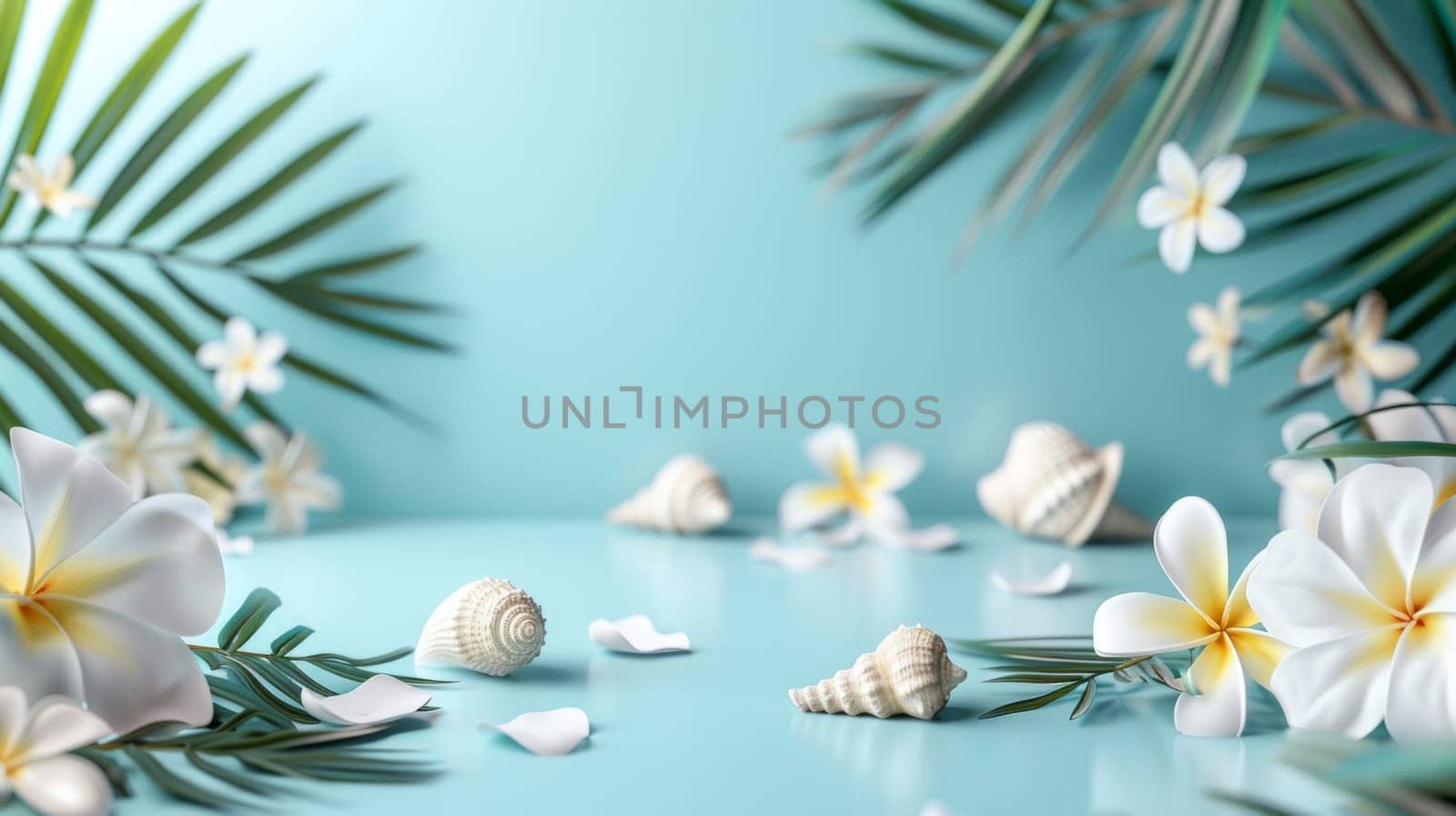A bunch of flowers and shells on a blue background, AI by starush