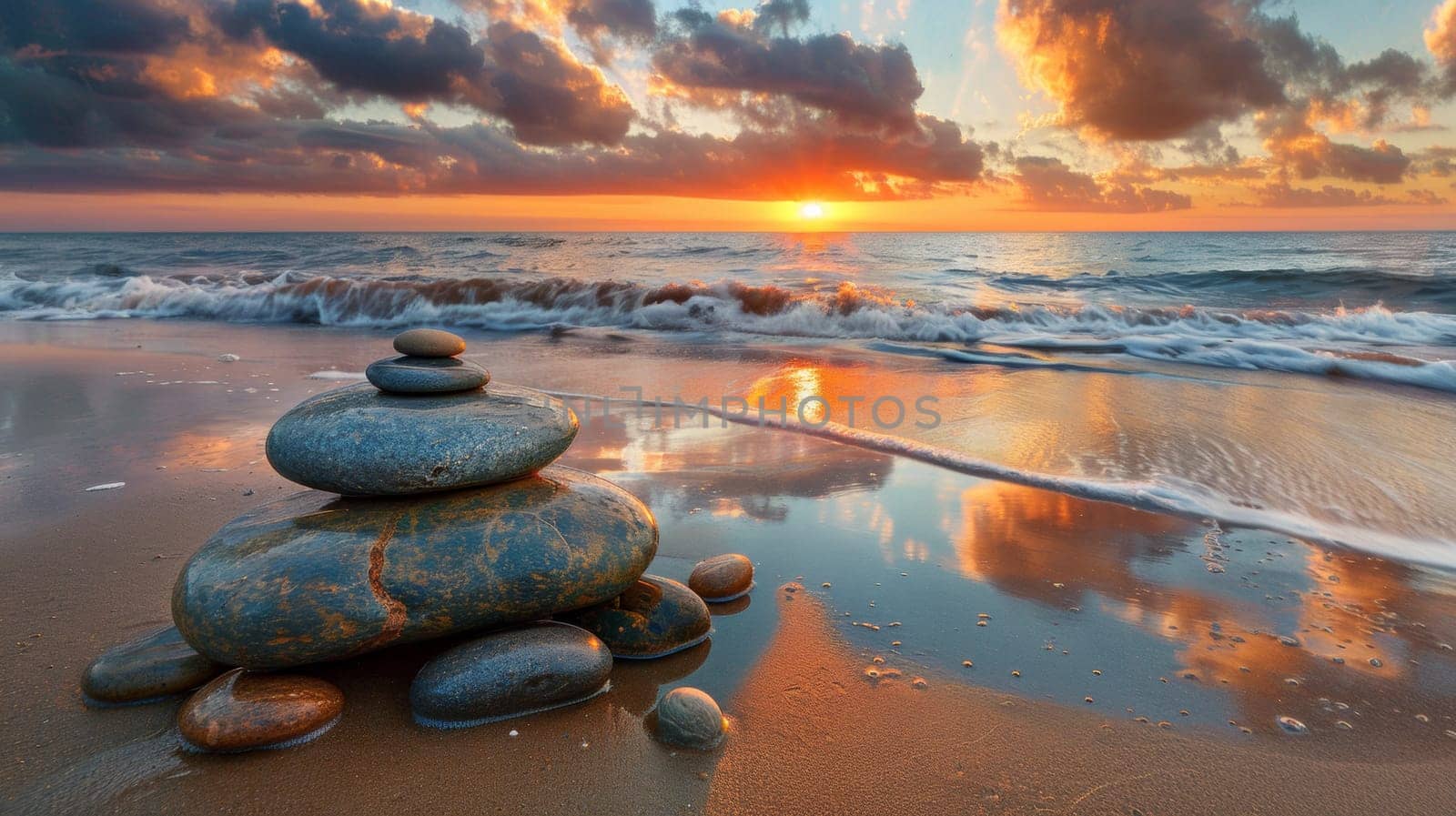 A stack of rocks on the beach at sunset