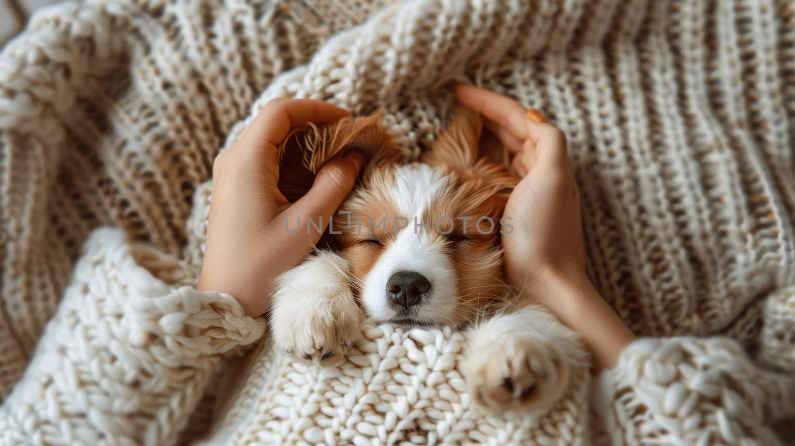 A person holding a small dog in their hands while they are wrapped up, AI by starush