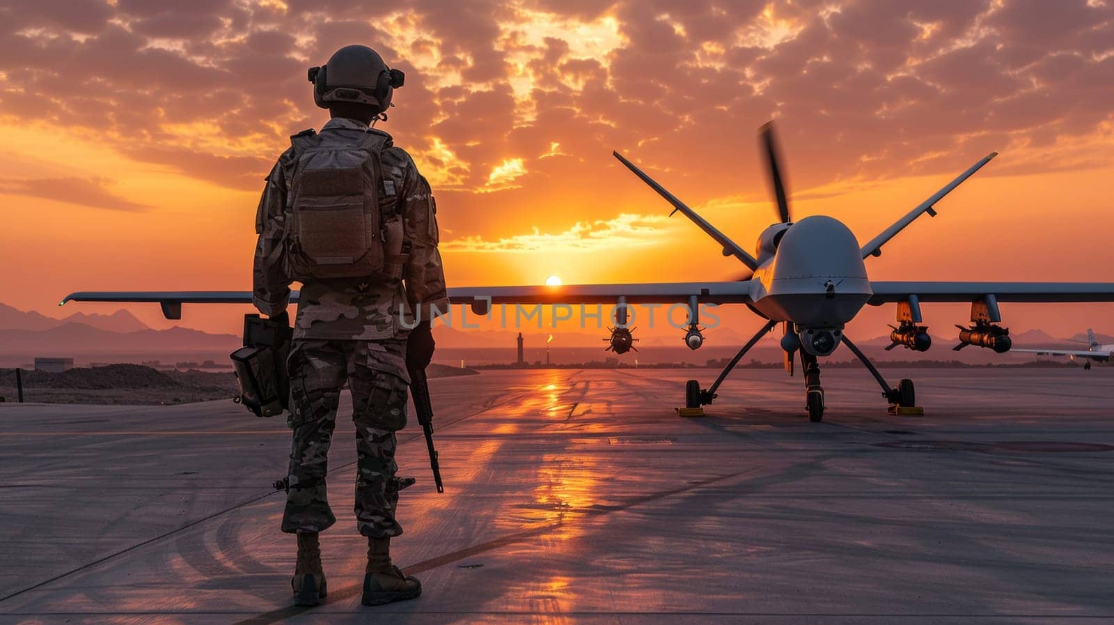 A man in military uniform standing next to a drone, AI by starush