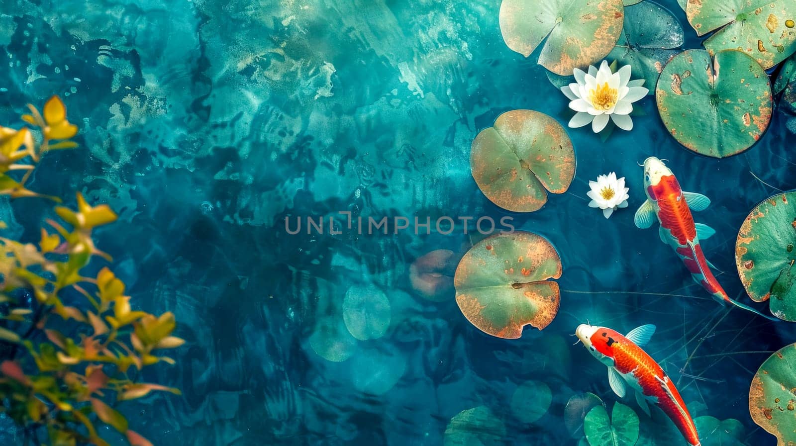 Serene pond scene with vibrant koi fish swimming among floating lily pads and blossoms