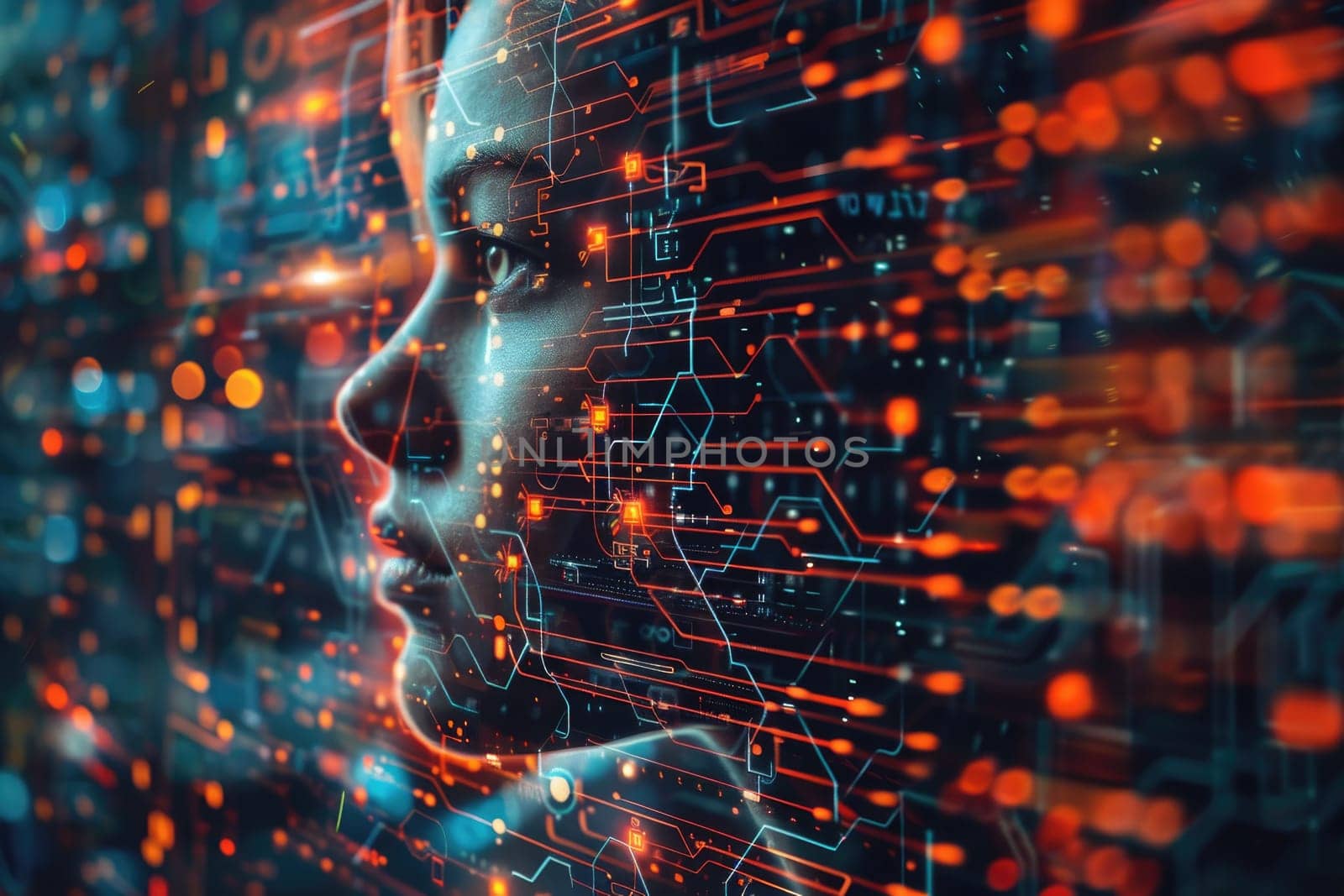 A woman's face is shown in a computer generated image with a lot of orange and blue colors. The image is abstract and has a futuristic feel to it