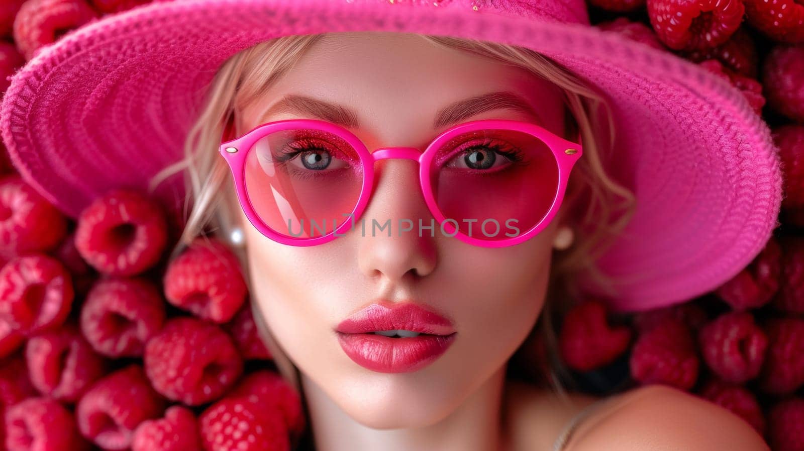 A woman in a pink hat and sunglasses with berries on her face, AI by starush