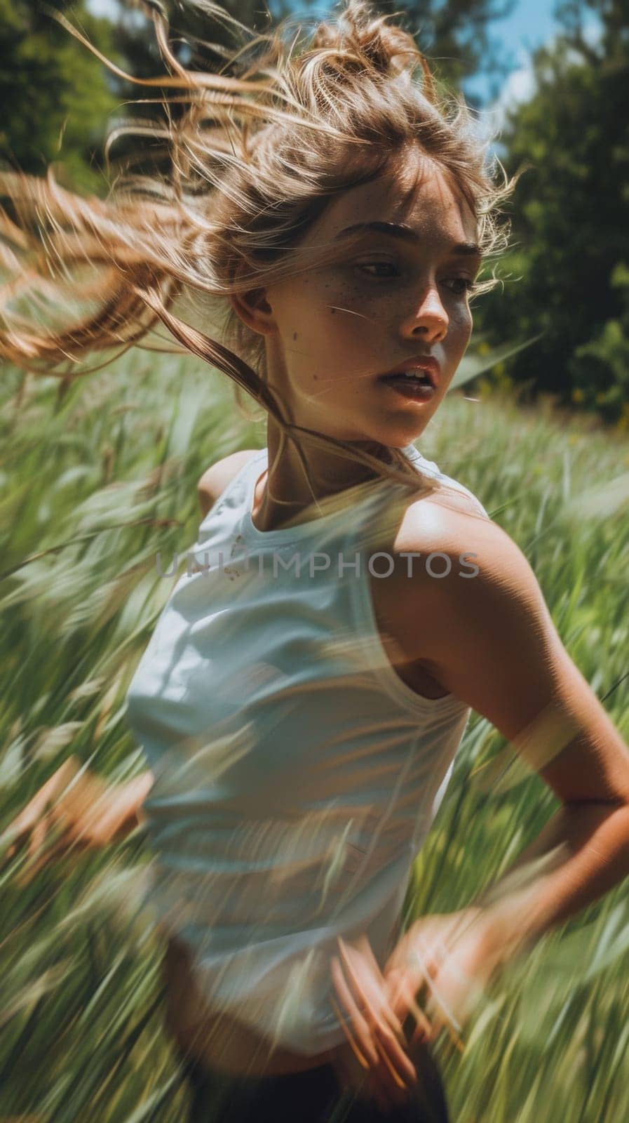 A woman running through a field of tall grass with her hair blowing, AI by starush