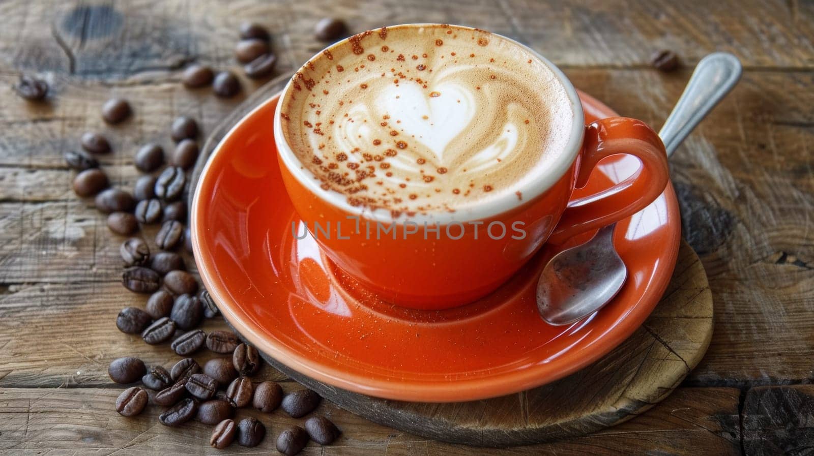 A cup of coffee with a spoon on top and beans around it