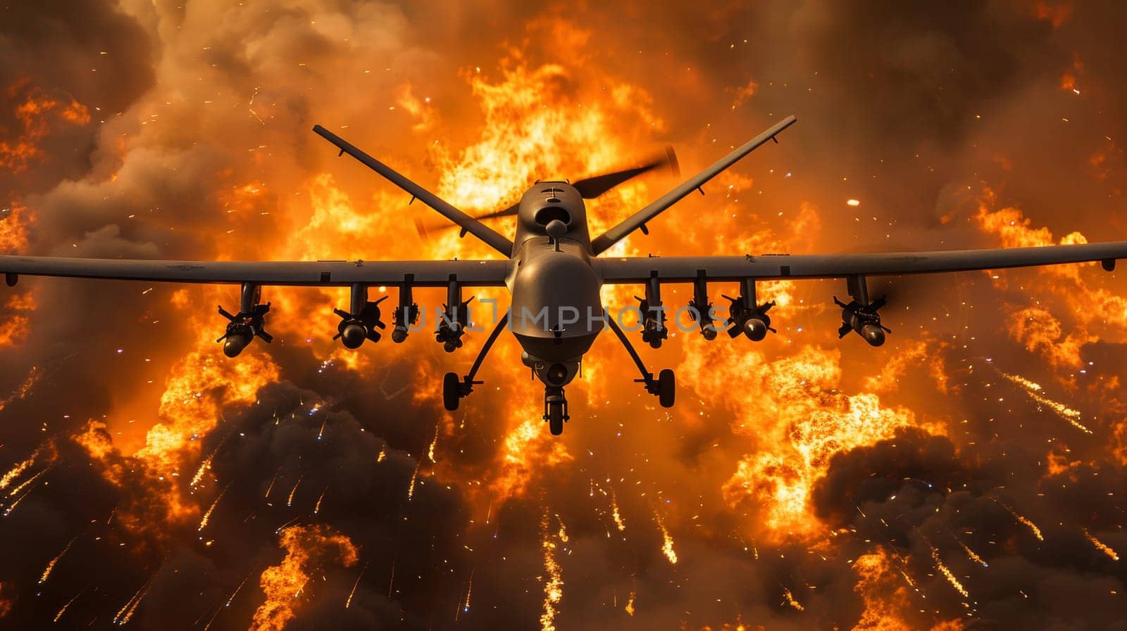 A large airplane flying through a fiery sky with many explosions, AI by starush