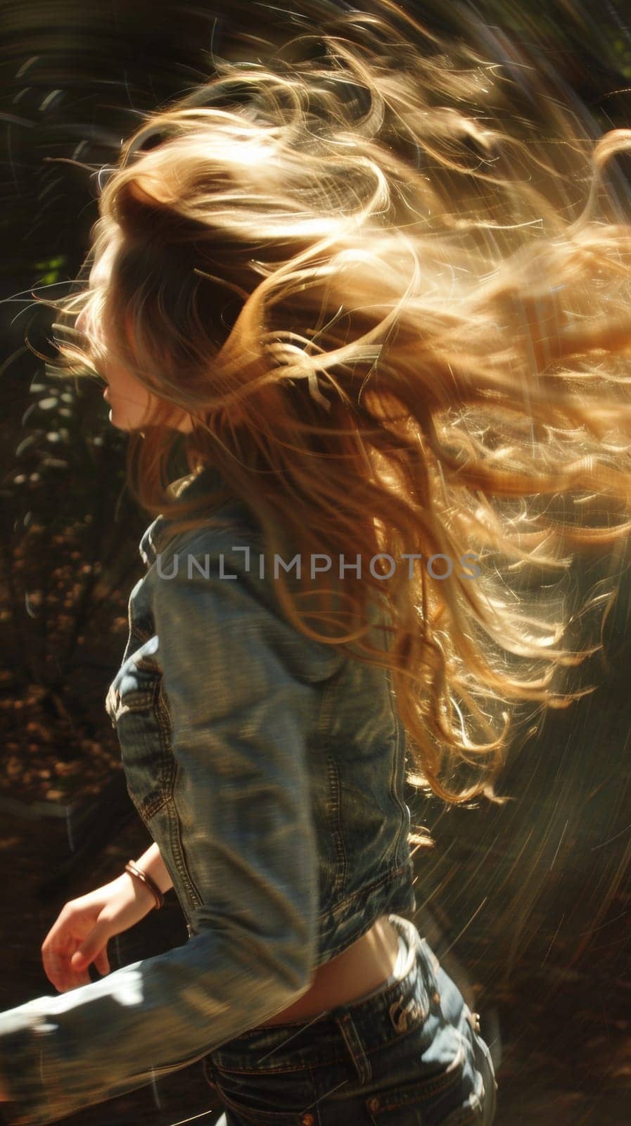 A woman with long blonde hair running in the wind, AI by starush