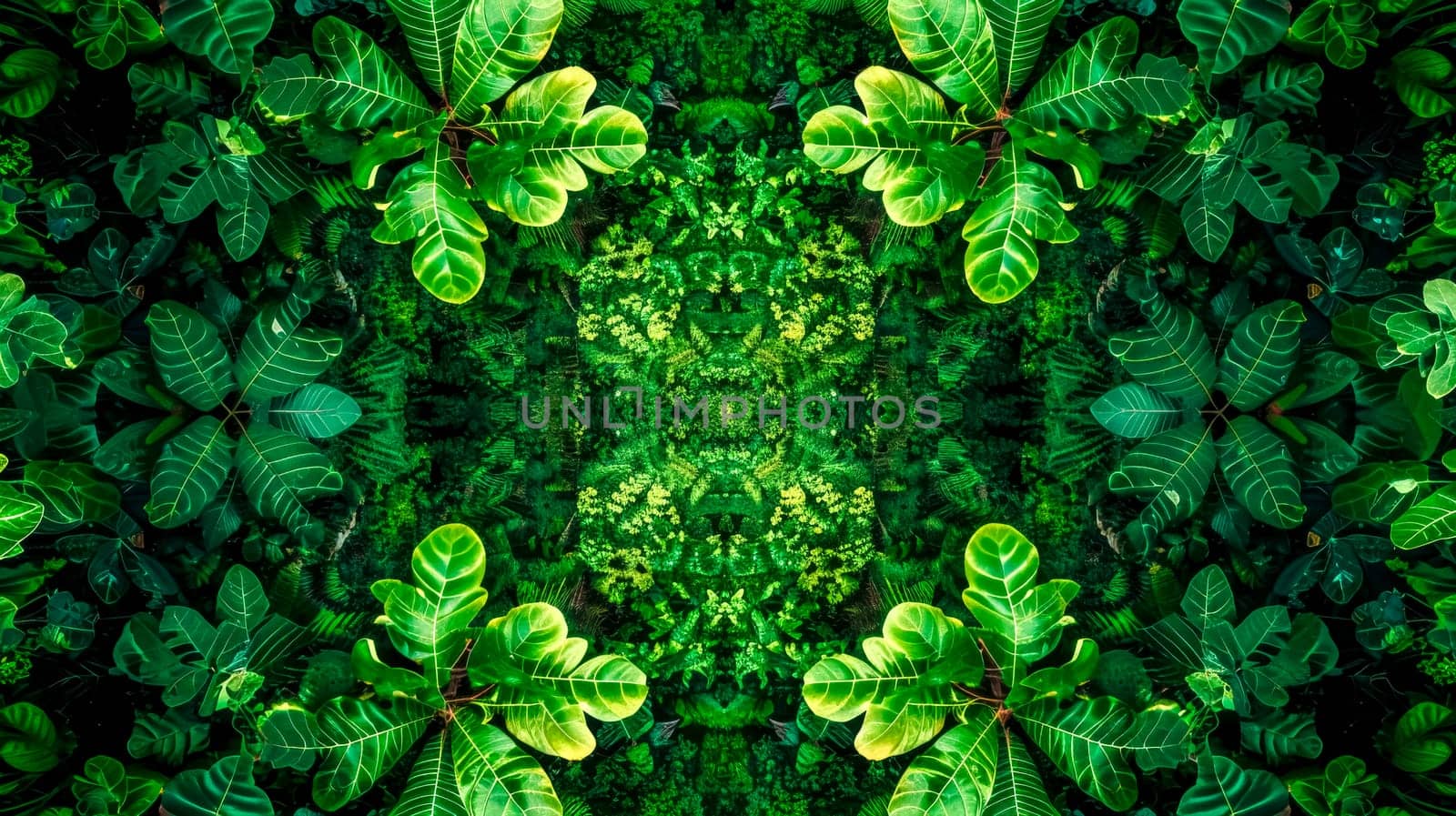 Vibrant green leaves arranged in a symmetrical pattern, perfect for a natural background