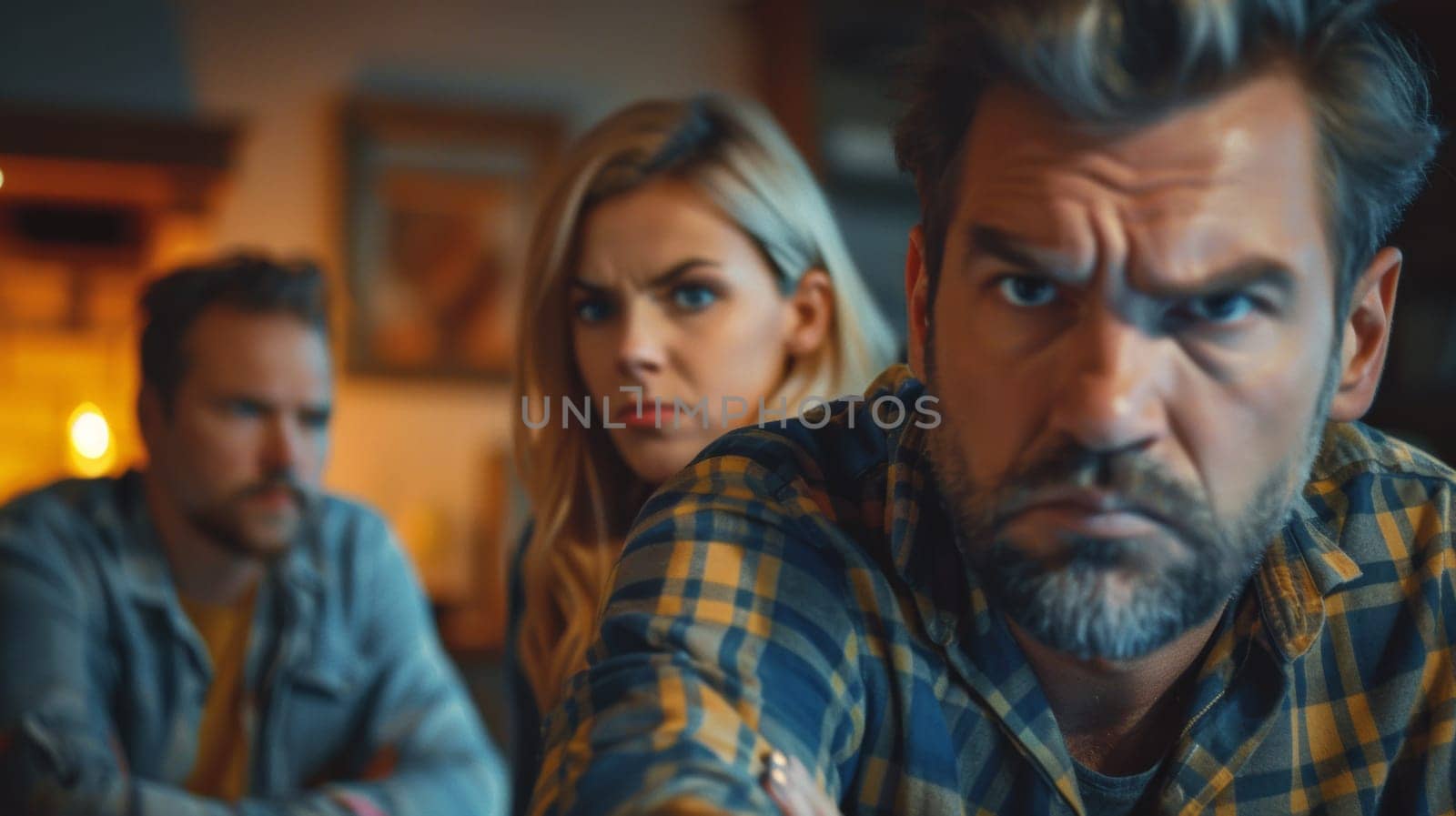 A man with beard and a woman looking at him in the background, AI by starush