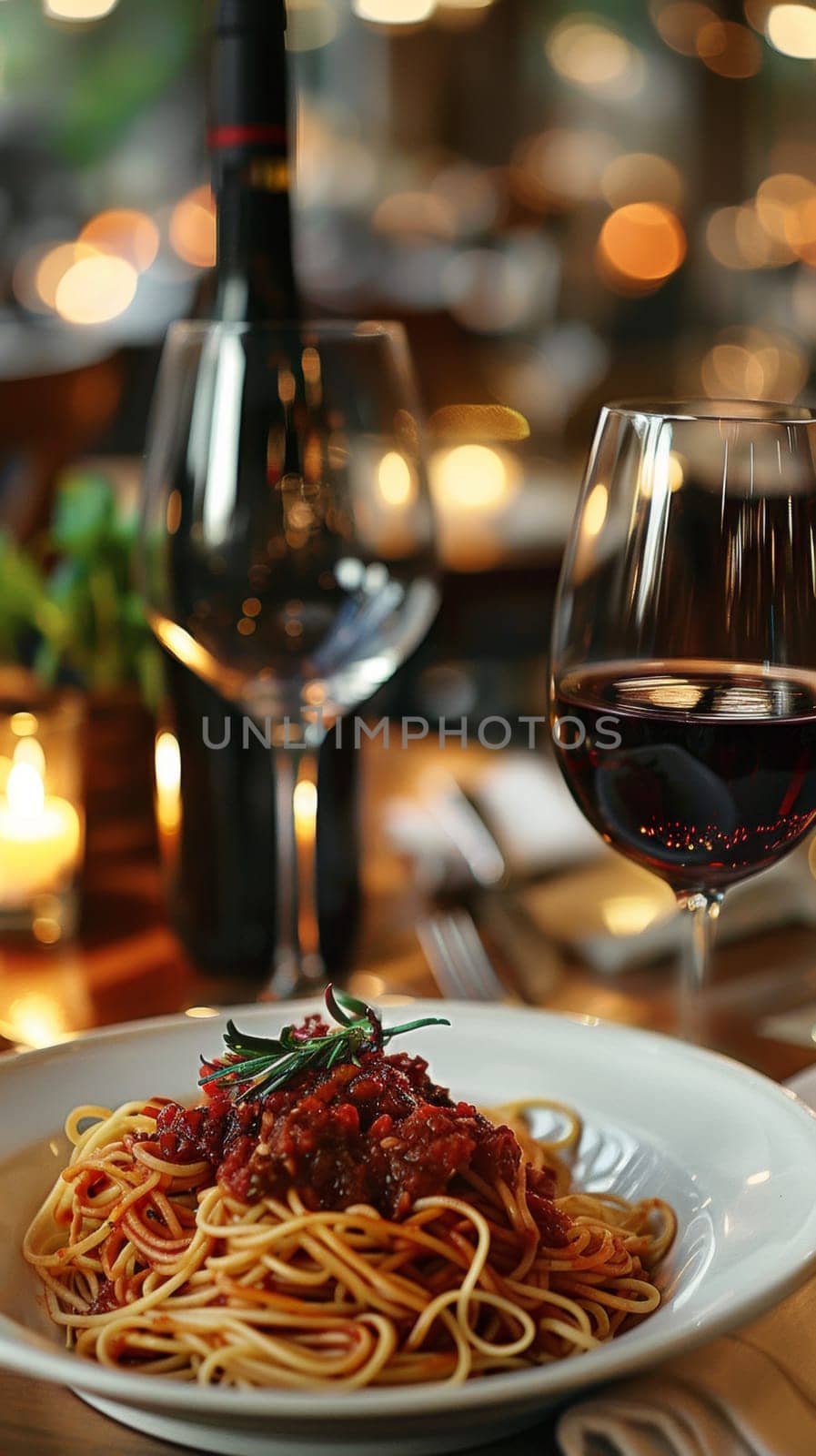 A plate of spaghetti with meat sauce and wine on a table