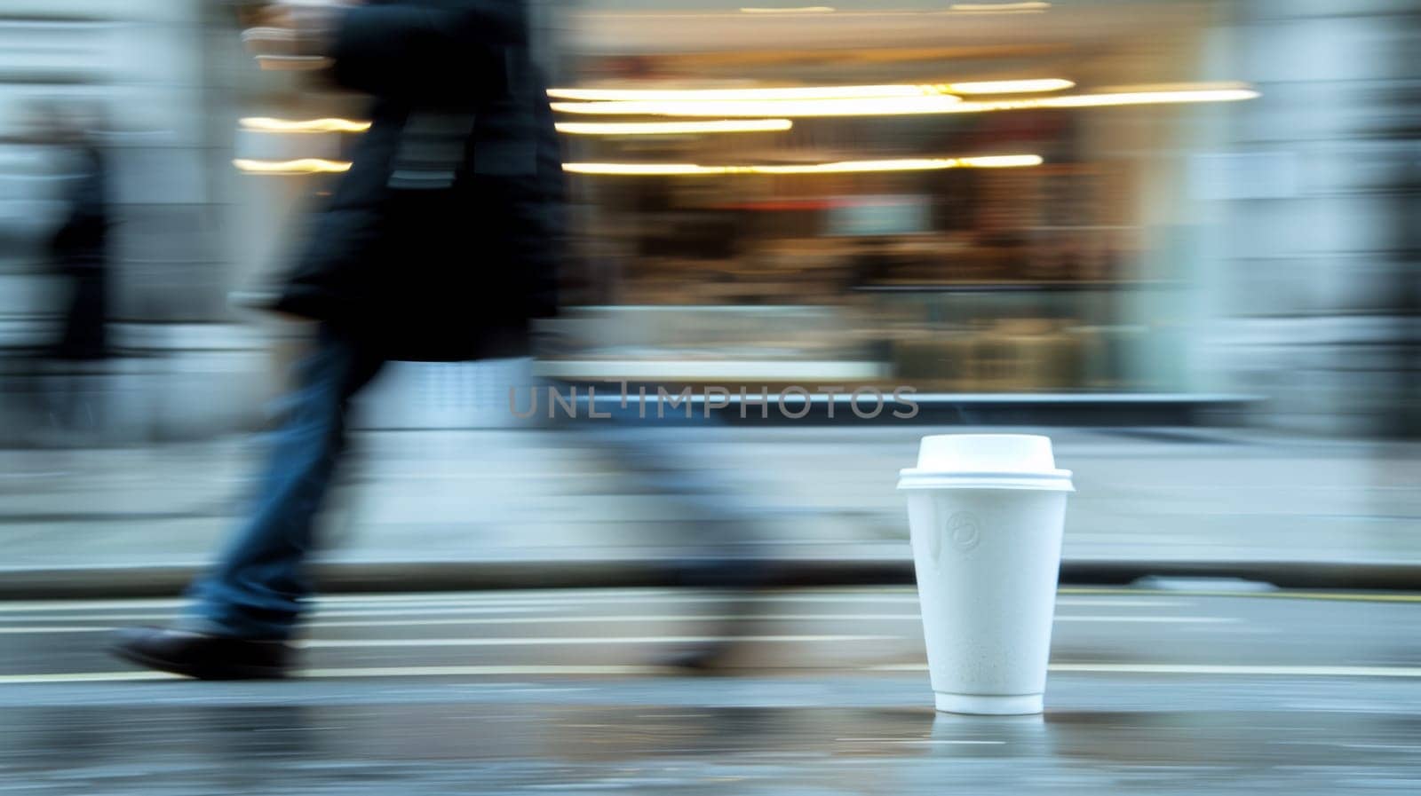 A person walking down the street with a coffee cup in hand