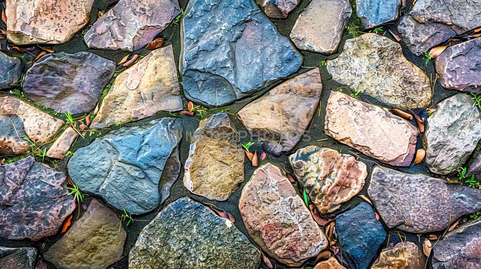 Multicolored cobblestone texture with green plant accents by Edophoto