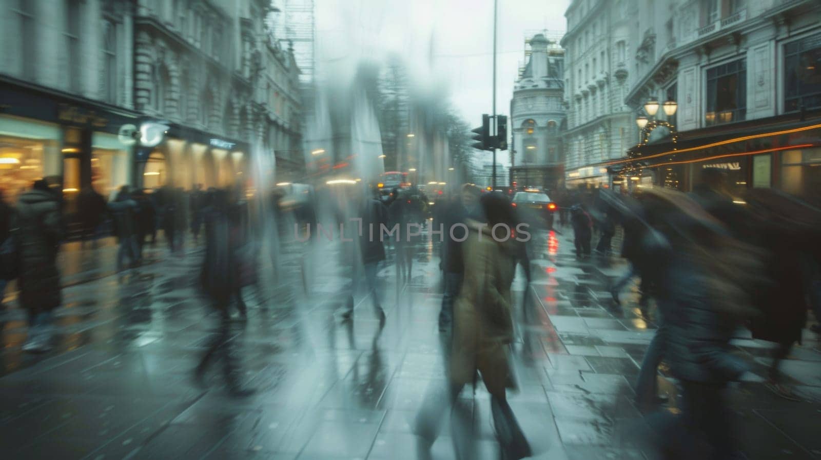 A blurry picture of a busy city street with people walking