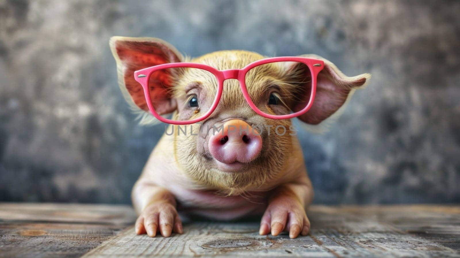 A pig wearing pink glasses sitting on a wooden table