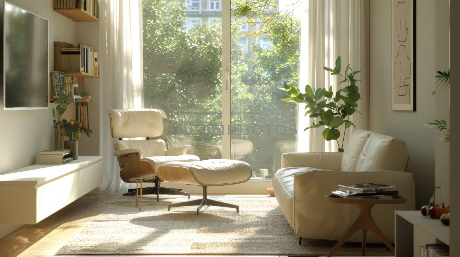 A living room with a white chair and ottoman, large window, AI by starush