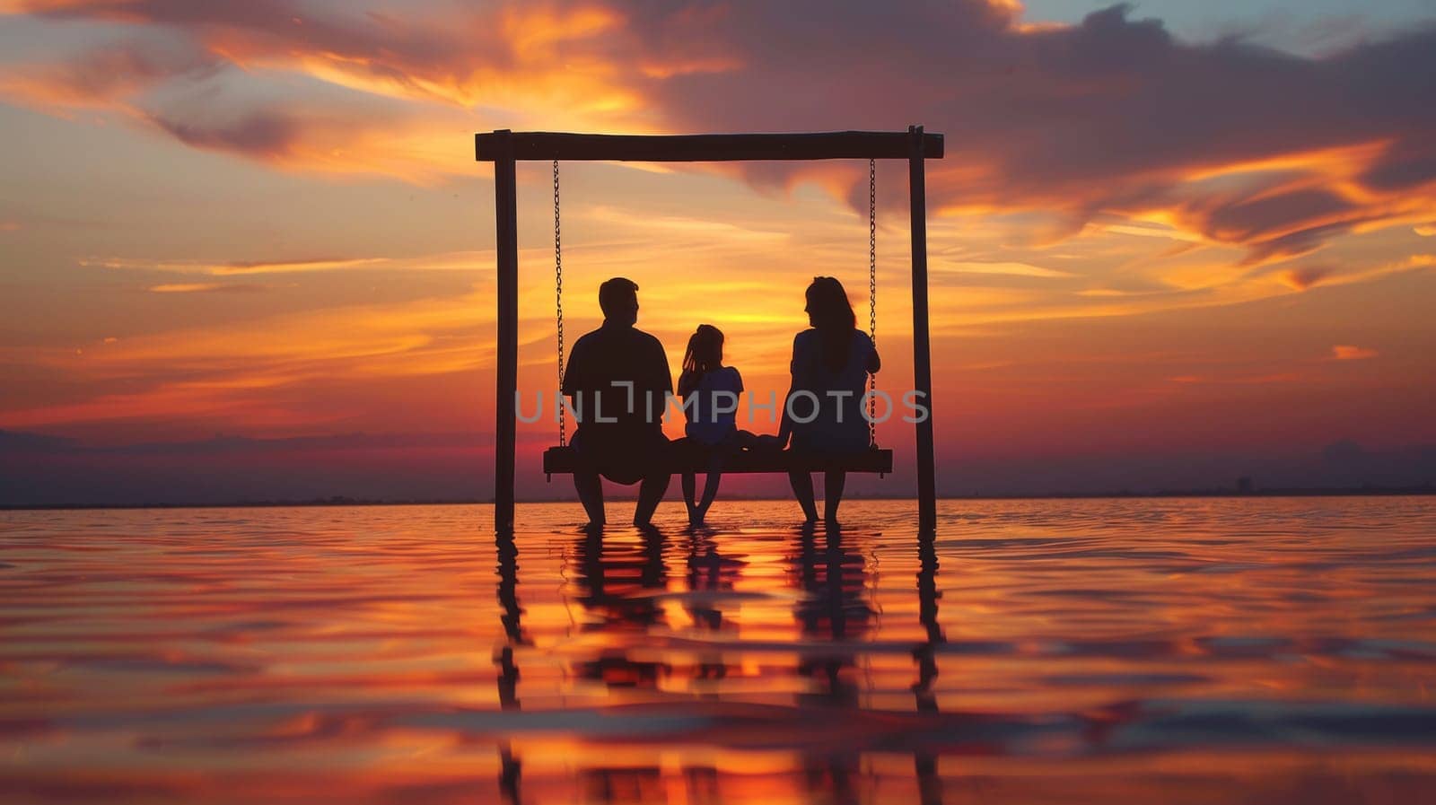 A family sitting on a swing in the middle of water