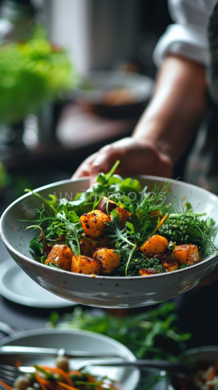 A person holding a bowl of food with greens in it