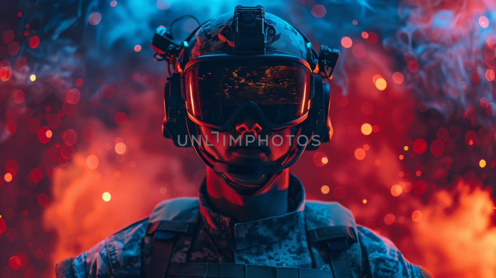 A man in a military uniform with goggles and helmet, AI by starush