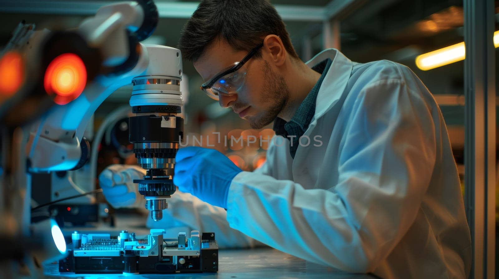 A man in lab coat looking at something on a microscope, AI by starush