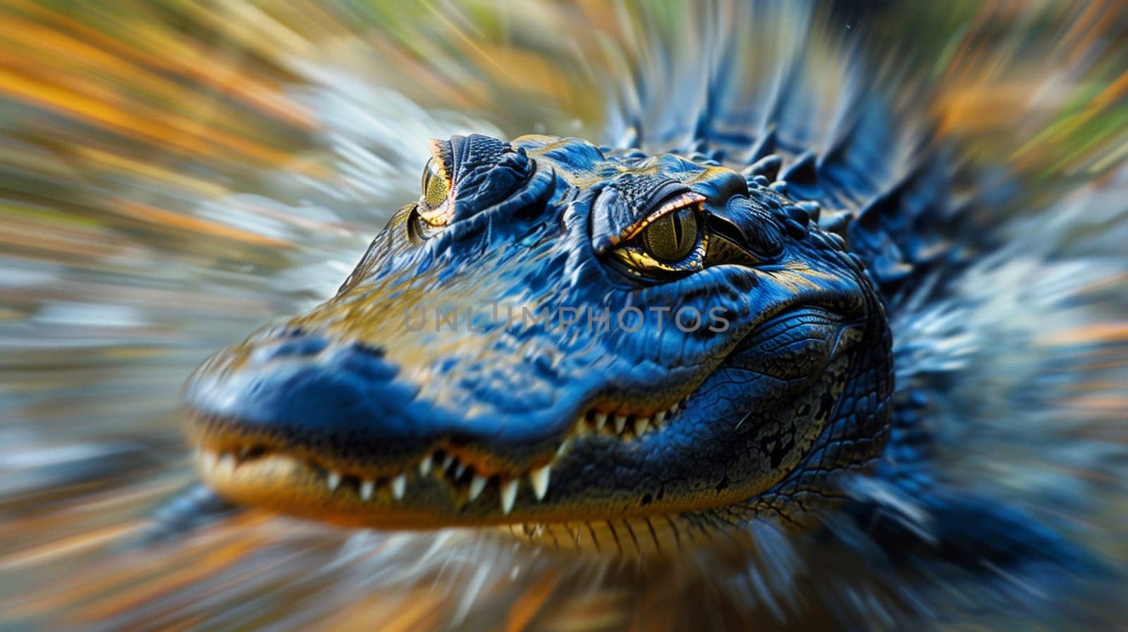 A close up of a blue alligator with its mouth open
