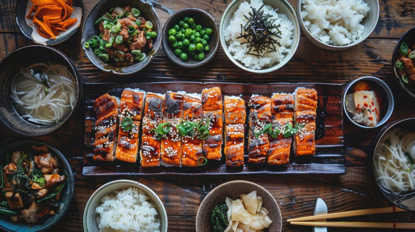 A table topped with a variety of food including rice, vegetables and meat, AI by starush