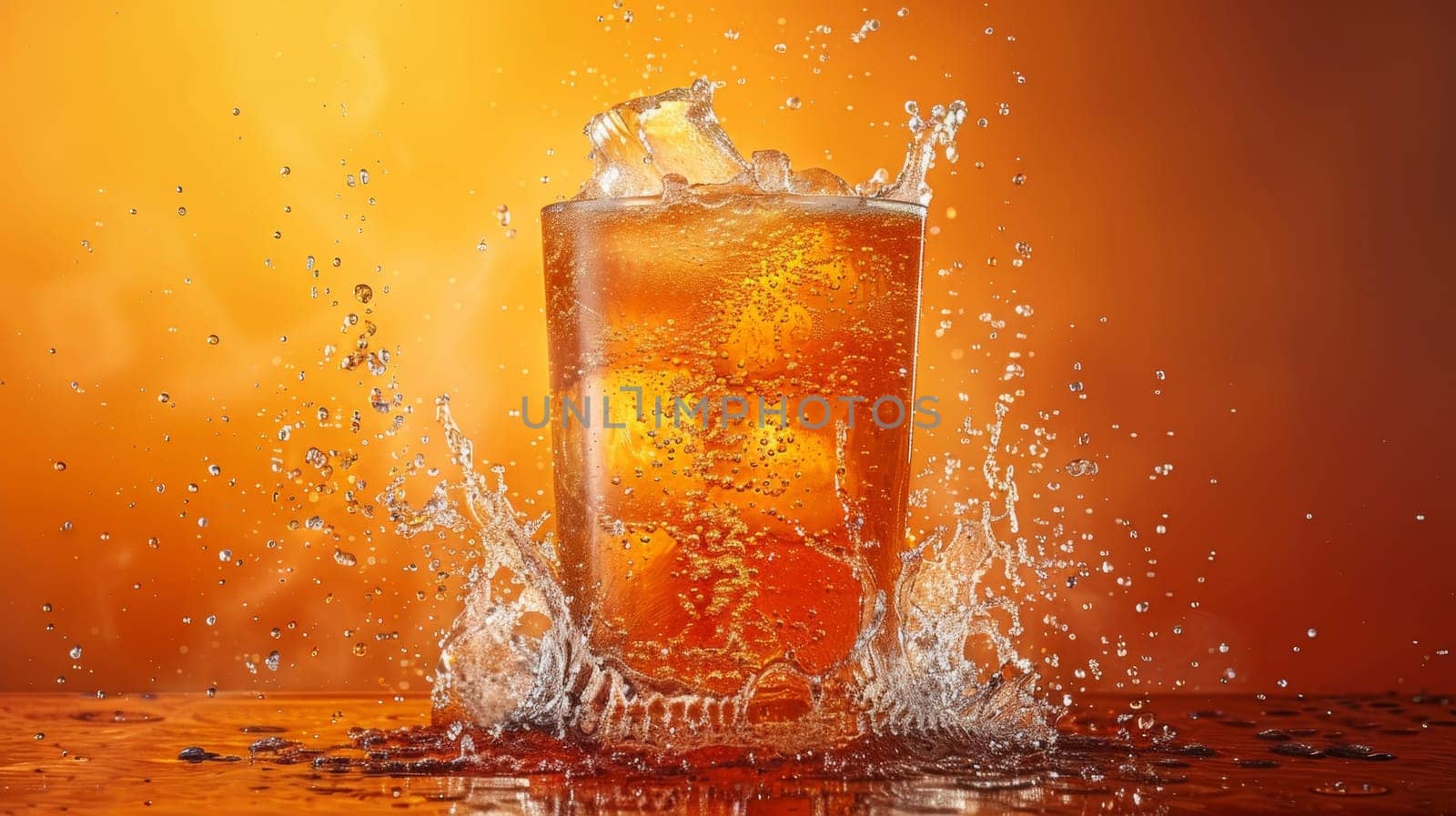 A glass of soda with ice and bubbles in a brown background, AI by starush