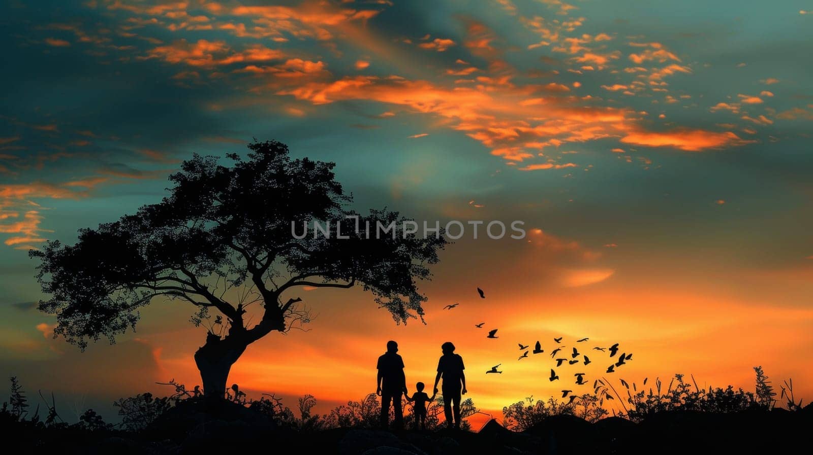 A family of people standing under a tree at sunset