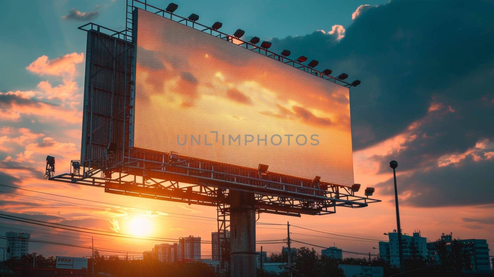 A large billboard with a sunset in the background