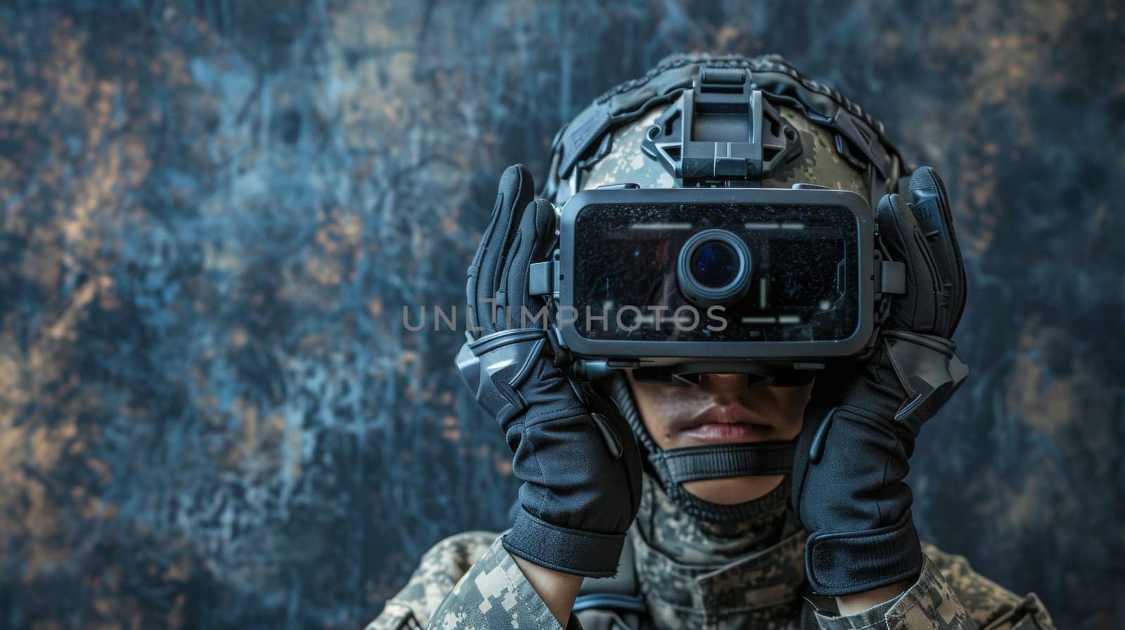 A soldier in camouflage holding a virtual reality device to his face