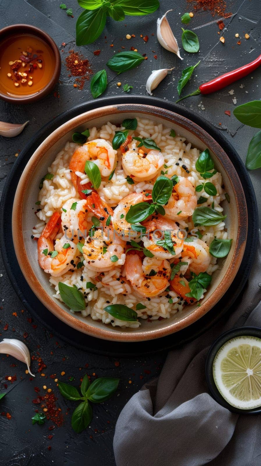 A plate of shrimp and rice with lime, garlic and herbs, AI by starush