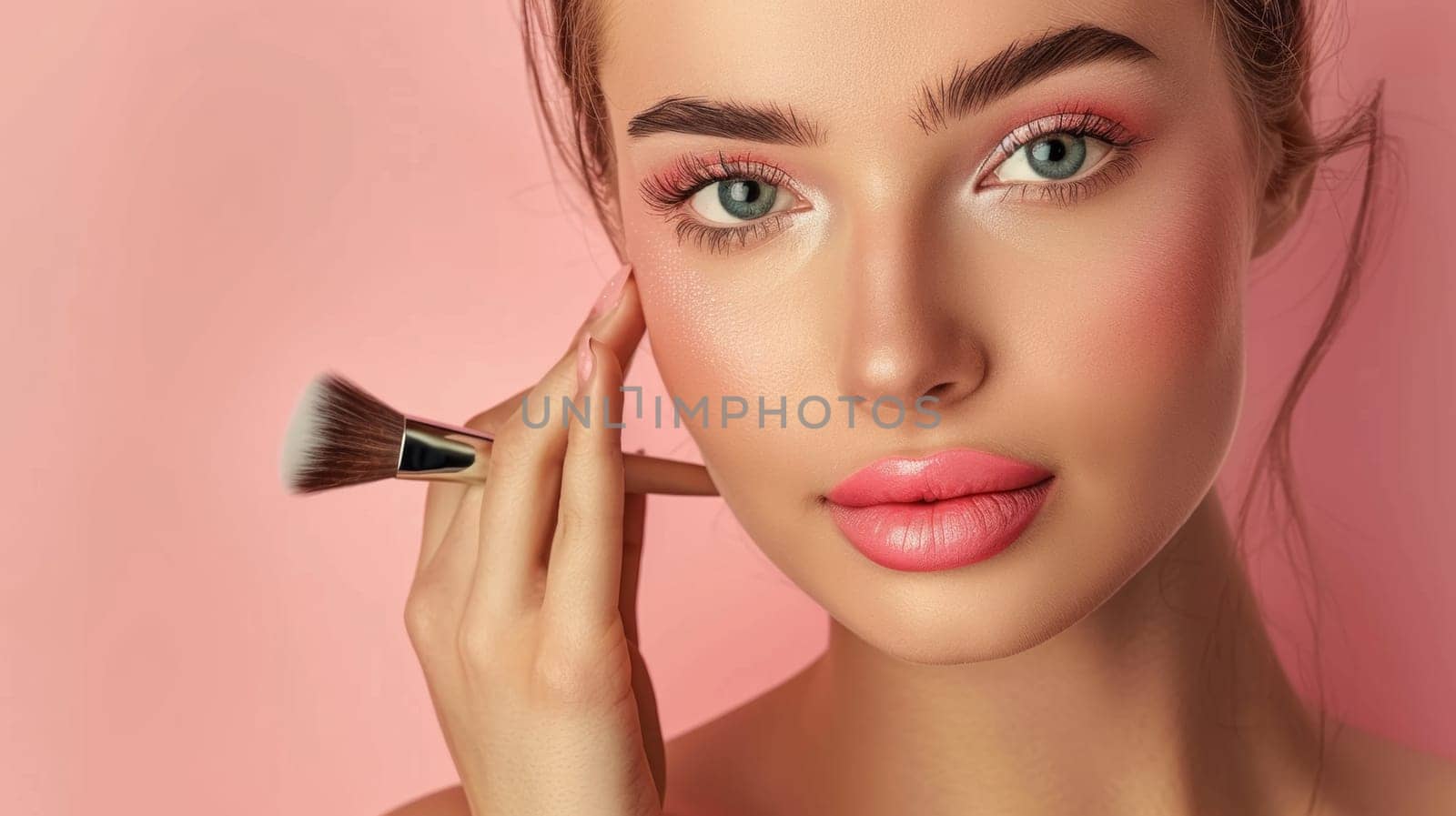 A woman with pink lips and a makeup brush on her face, AI by starush