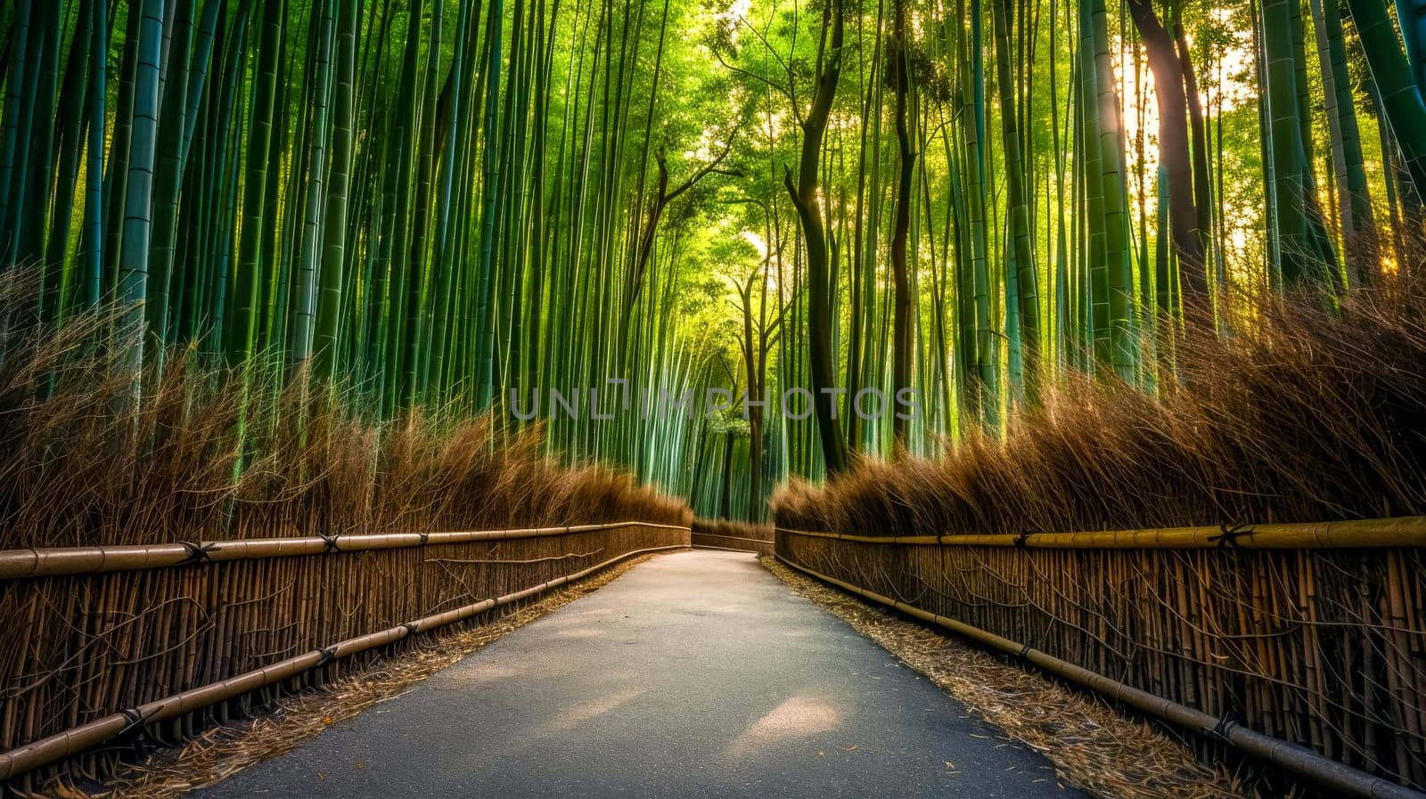Warm sunlight filters through tall bamboo, illuminating a peaceful pathway
