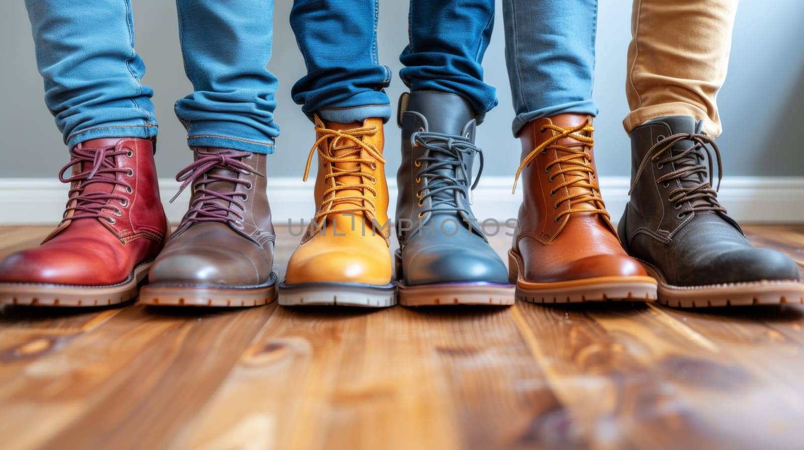 A group of people wearing different colored boots standing on a hardwood floor, AI by starush