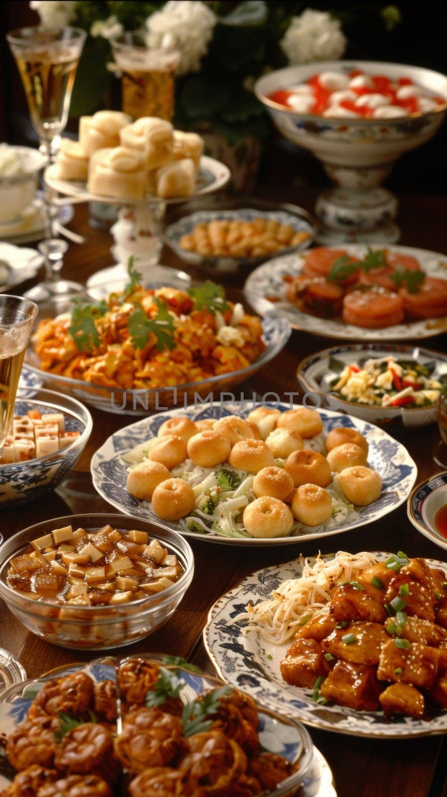 A table filled with plates of food and wine glasses