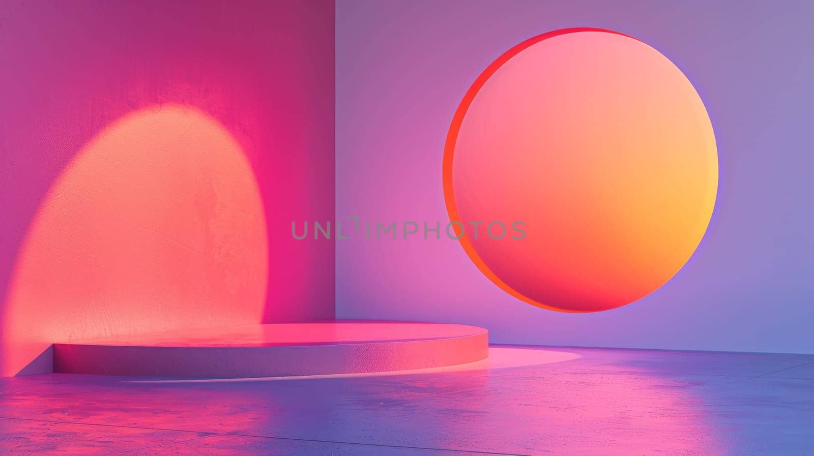 A round mirror in a room with bright light and pink walls