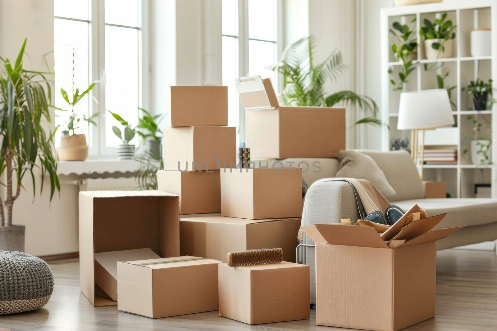 A room with boxes stacked on top of each other and a couch. The room is empty and ready for a new occupant