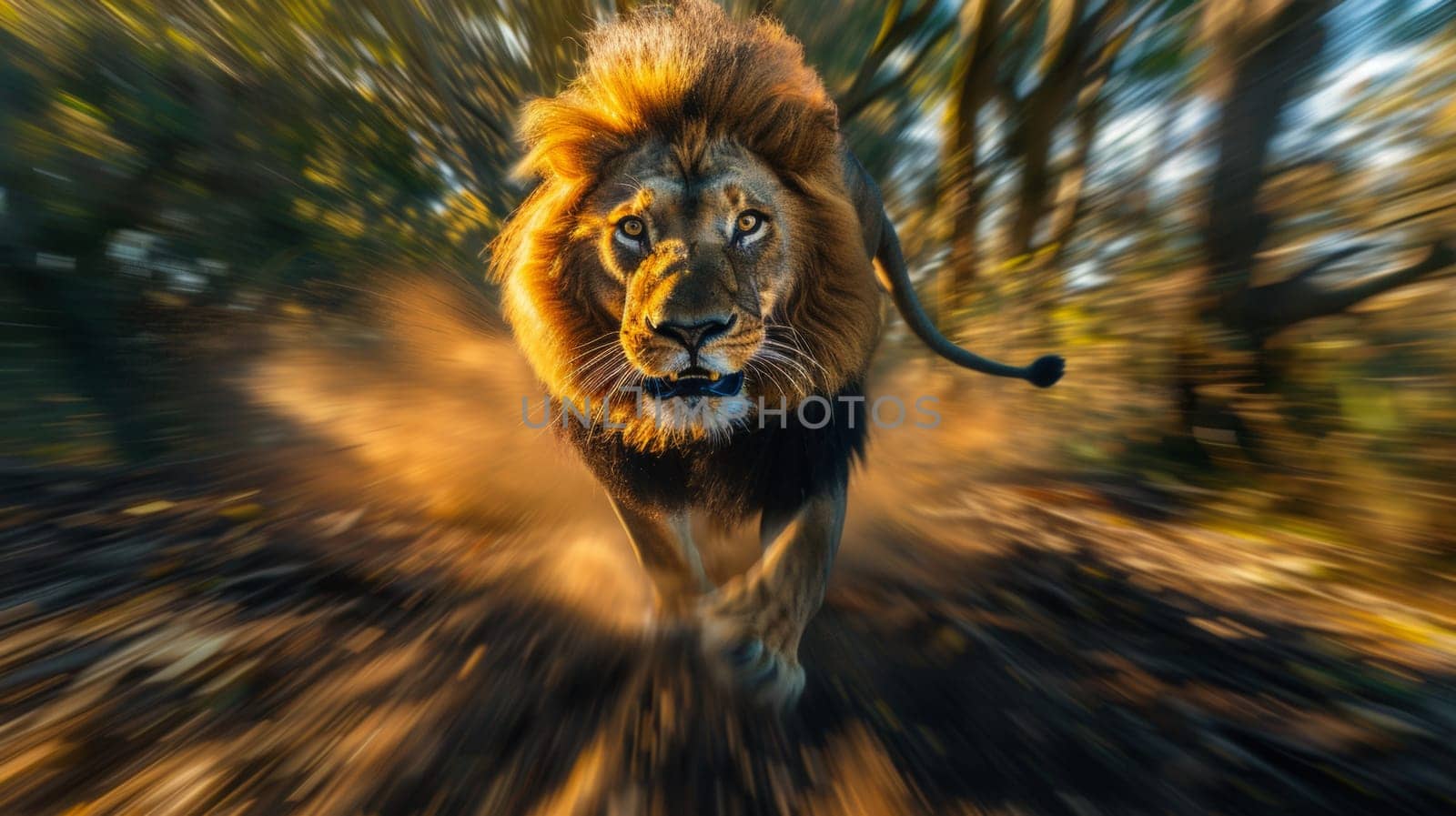 A lion running through the woods with a blurry background