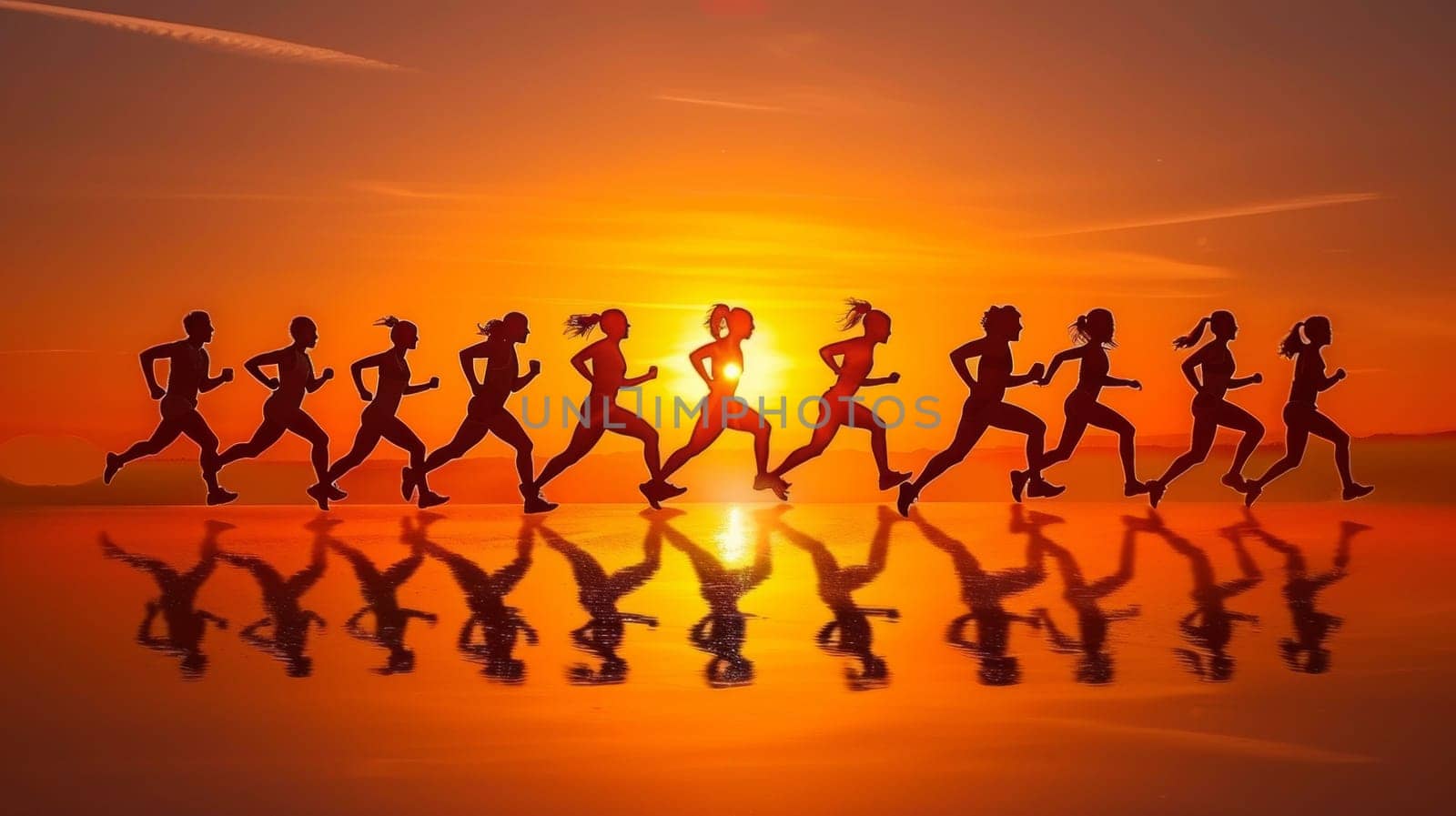 A group of people running in silhouette against a sunset