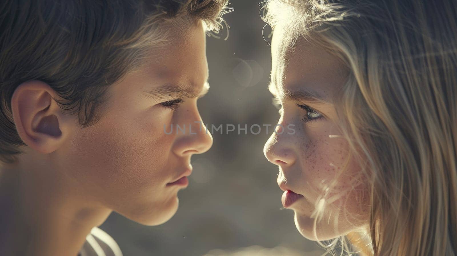 A close up of a boy and girl staring at each other, AI by starush