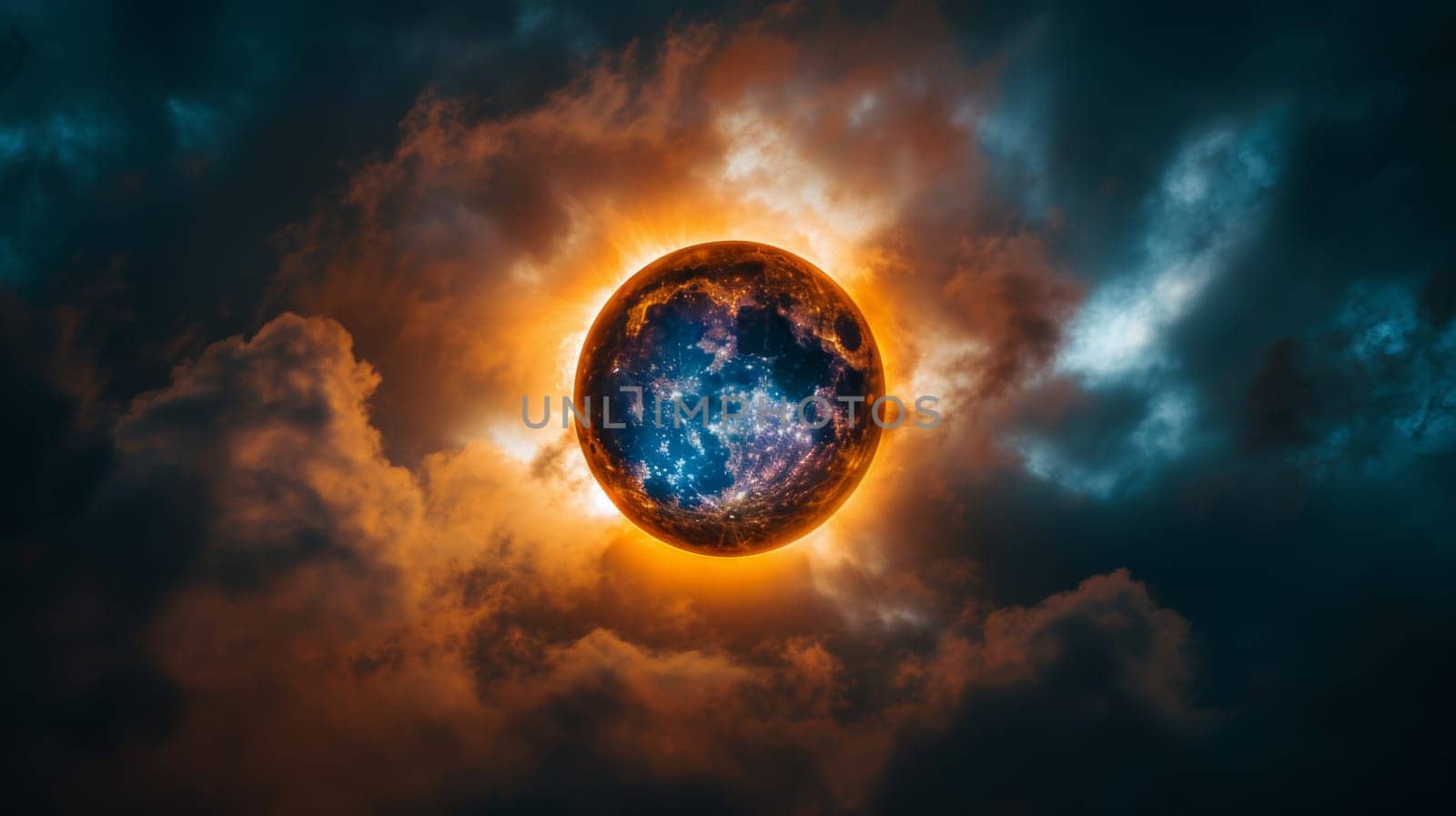 A large orange ball in the sky with clouds around it, AI by starush