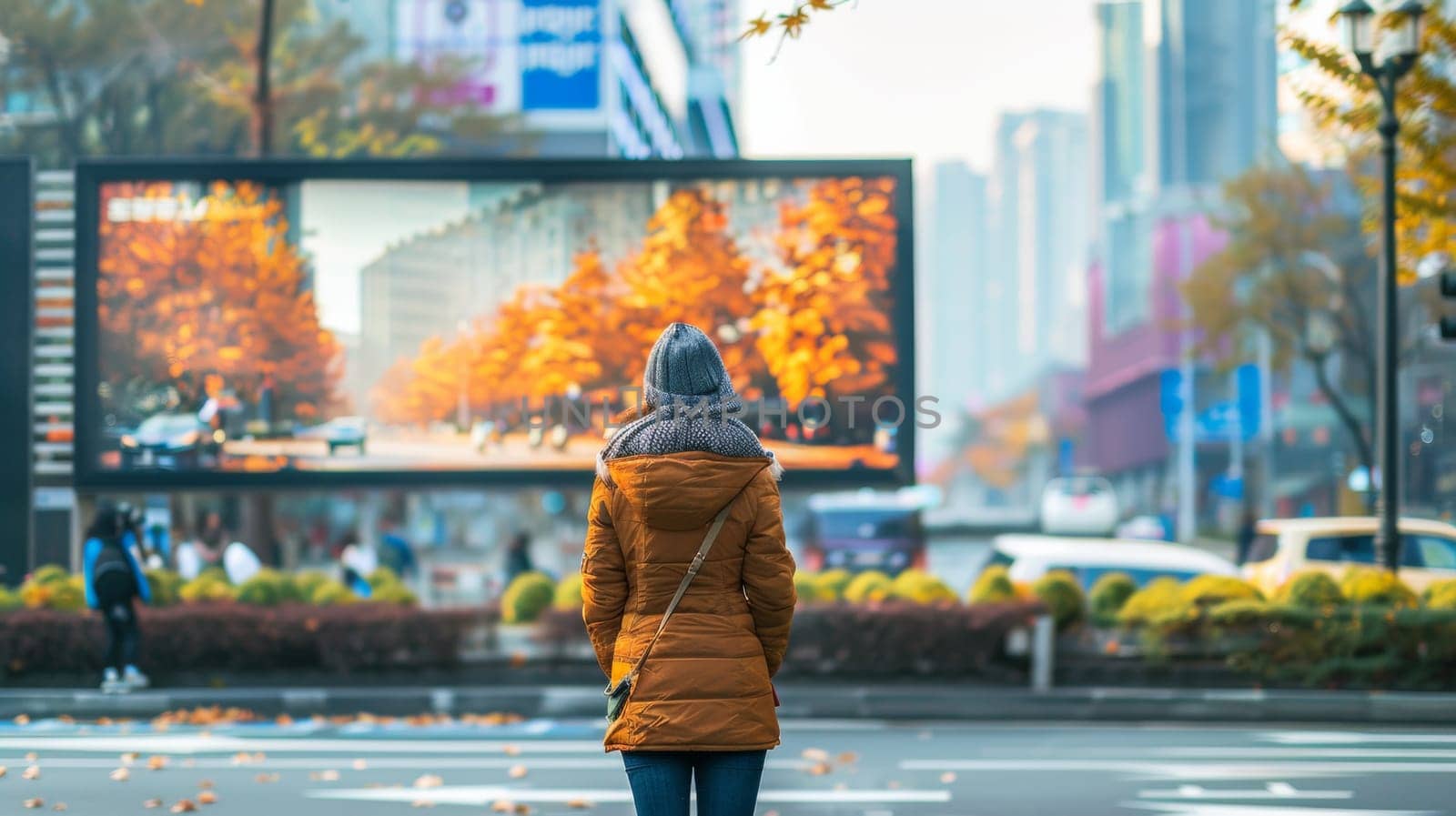 A woman in a brown coat standing on the street