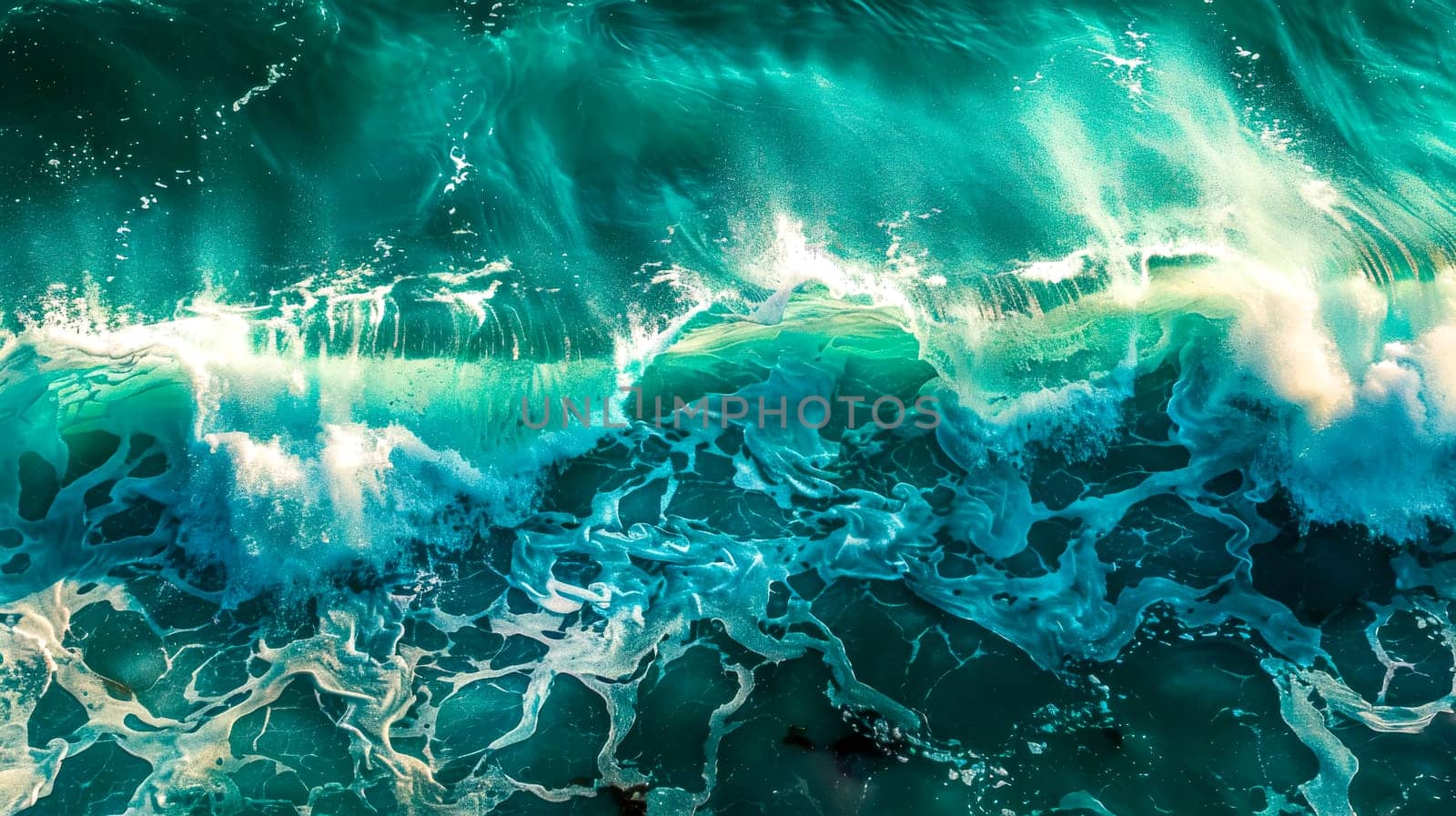 Overhead shot captures the dynamic turquoise textures of a wave breaking in the ocean