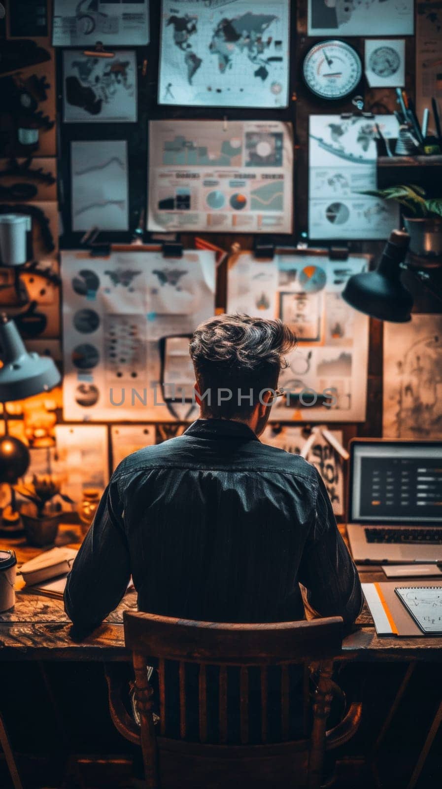 A man sitting at a desk with laptop and papers on the wall, AI by starush