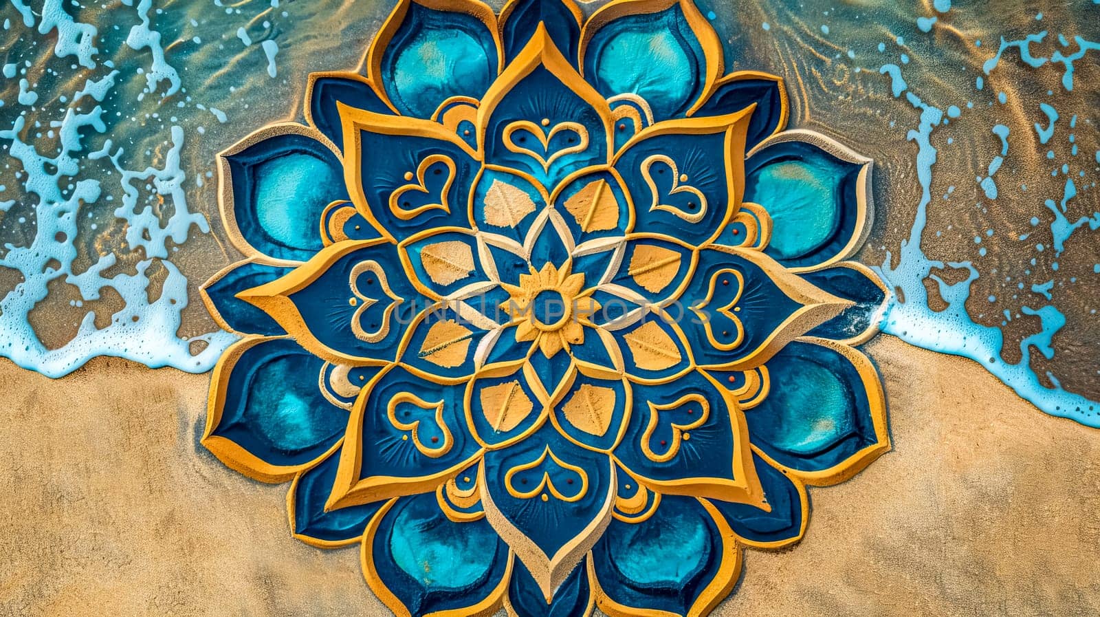 Vibrant, handcrafted mandala design in blue and gold lying on sandy shore with gentle sea foam